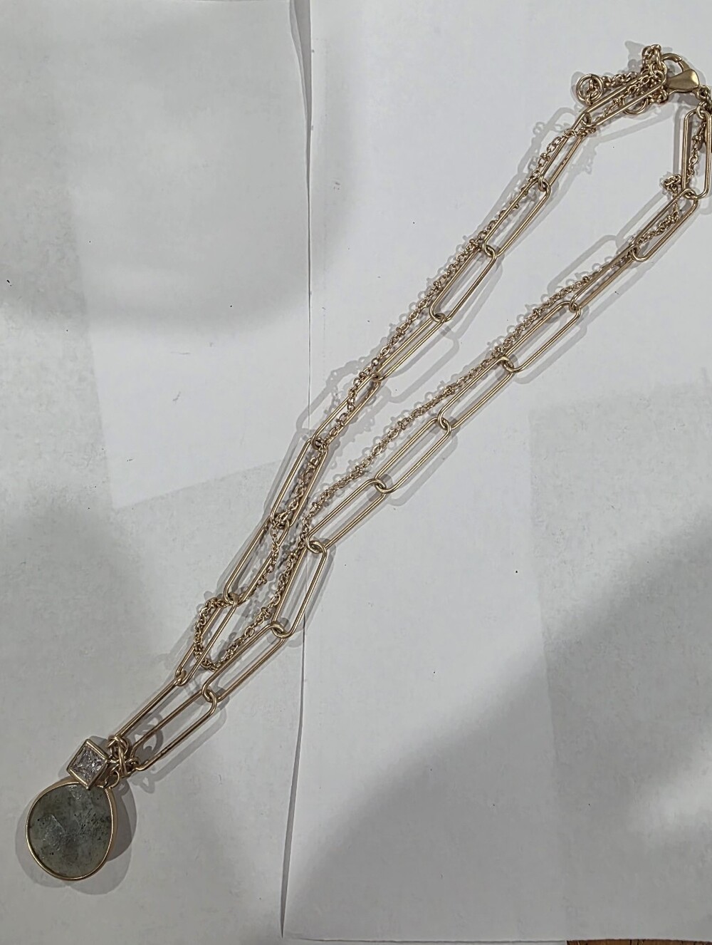 Gold-Tone Paperclip Layered Chain Necklace with Green Colored Stone Pendant NWOT